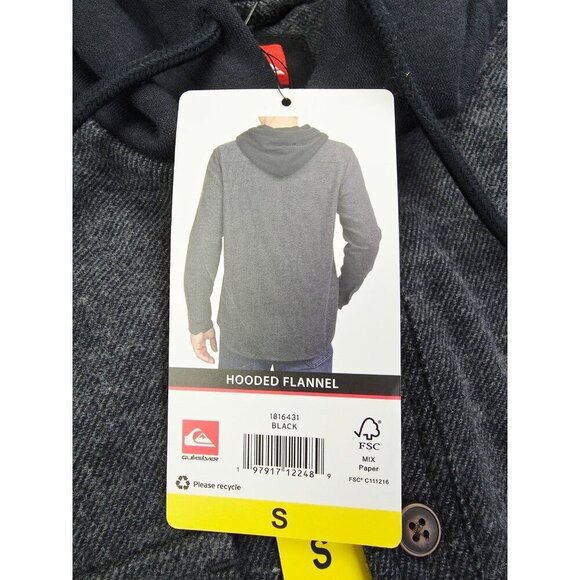 Quicksilver Size Small Men Black Cotton Hooded Flannel Button Up Pocket Logo NWT - Picture 4 of 10